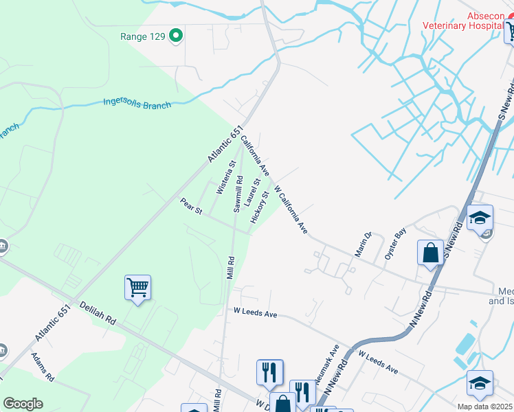 map of restaurants, bars, coffee shops, grocery stores, and more near 106 Hickory Street in Egg Harbor Township