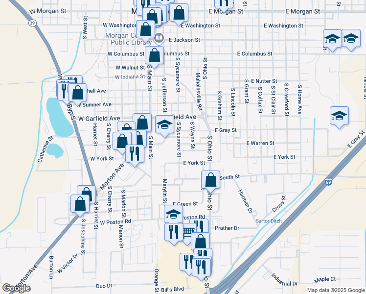map of restaurants, bars, coffee shops, grocery stores, and more near 909 South Sycamore Street in Martinsville
