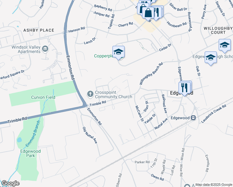 map of restaurants, bars, coffee shops, grocery stores, and more near 410 Burnley Drive in Edgewood