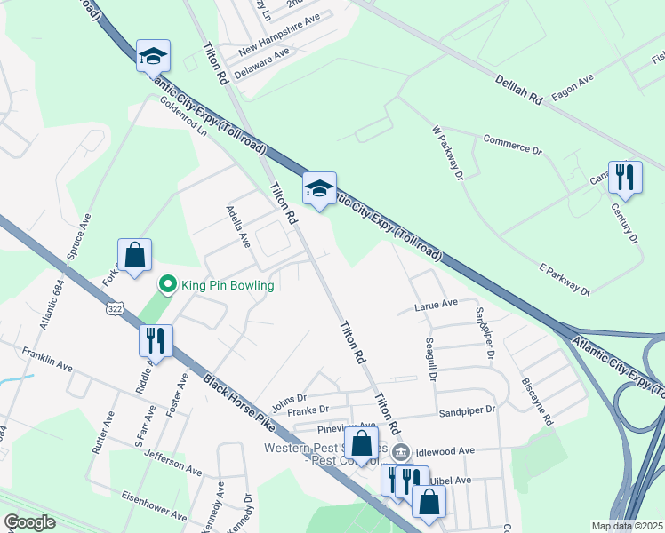 map of restaurants, bars, coffee shops, grocery stores, and more near 2576 Tilton Road in Egg Harbor Township