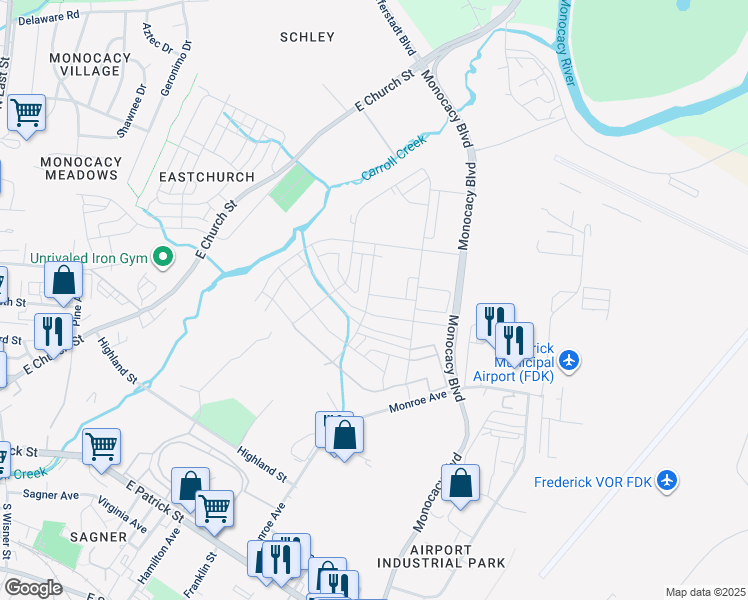 map of restaurants, bars, coffee shops, grocery stores, and more near 444 Tiller Street in Frederick