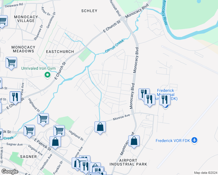 map of restaurants, bars, coffee shops, grocery stores, and more near 444 Tiller Street in Frederick