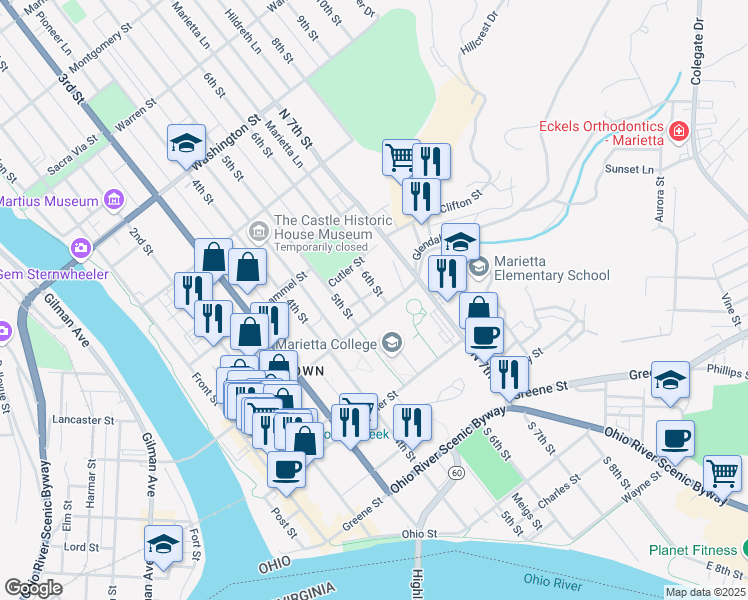 map of restaurants, bars, coffee shops, grocery stores, and more near 511 Putnam Street in Marietta