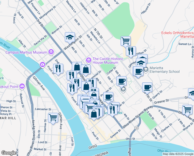 map of restaurants, bars, coffee shops, grocery stores, and more near 323 4th Street in Marietta