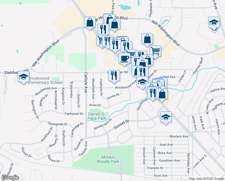 map of restaurants, bars, coffee shops, grocery stores, and more near 50 Dover Place in Hamilton