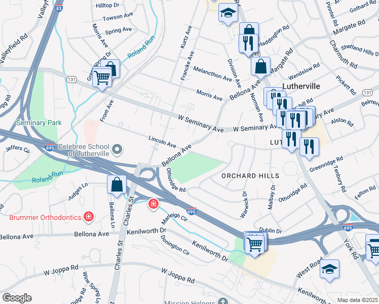 map of restaurants, bars, coffee shops, grocery stores, and more near 181 Lincoln Avenue in Lutherville-Timonium