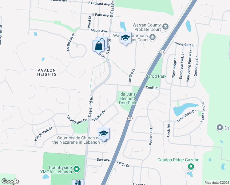 map of restaurants, bars, coffee shops, grocery stores, and more near 1113 Navaho Drive in Lebanon
