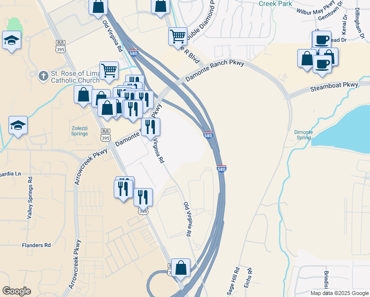 map of restaurants, bars, coffee shops, grocery stores, and more near 12660 Old Virginia Road in Reno
