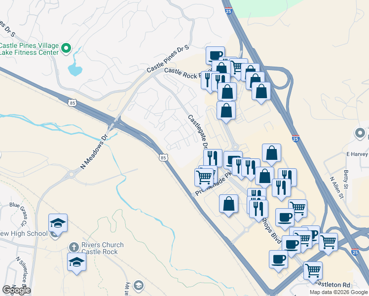 map of restaurants, bars, coffee shops, grocery stores, and more near 6009 Castlegate Drive West in Castle Rock