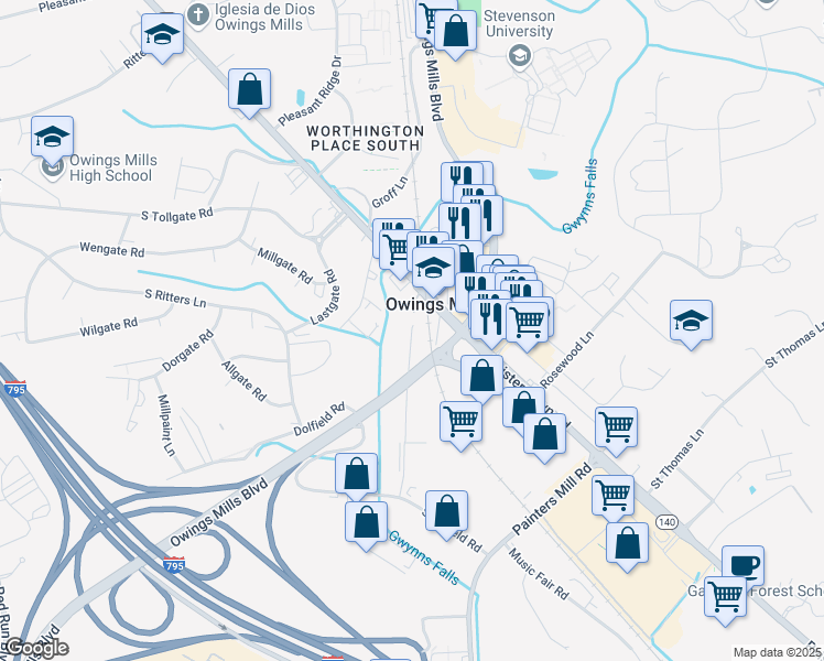 map of restaurants, bars, coffee shops, grocery stores, and more near 77 Owings Mills Boulevard in Owings Mills