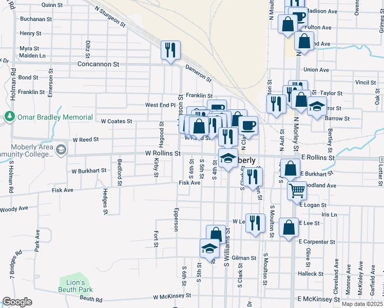 map of restaurants, bars, coffee shops, grocery stores, and more near 100 South 6th Street in Moberly