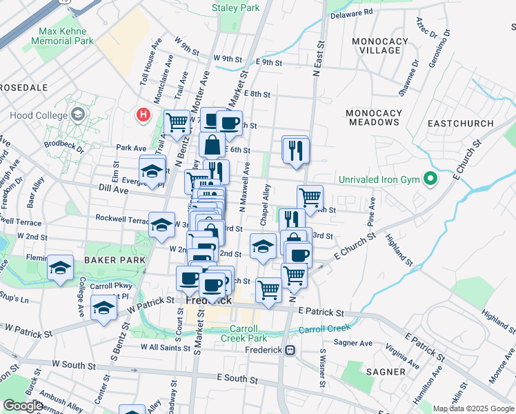 map of restaurants, bars, coffee shops, grocery stores, and more near 128 East 4th Street in Frederick