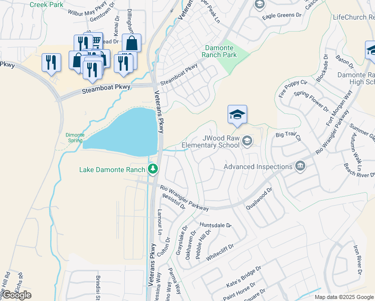 map of restaurants, bars, coffee shops, grocery stores, and more near 10587 Circle Oaks Court in Reno