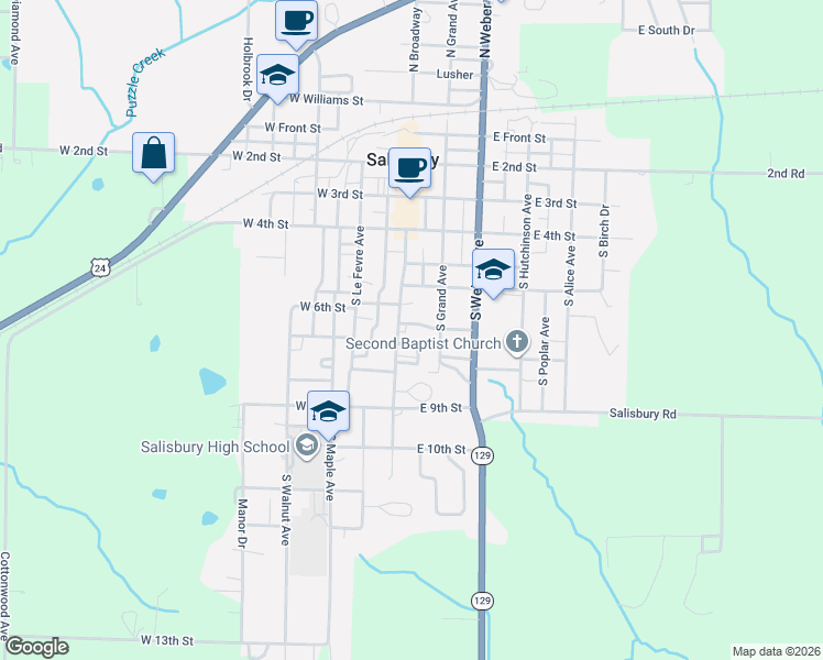map of restaurants, bars, coffee shops, grocery stores, and more near 666-708 South Grand Avenue in Salisbury