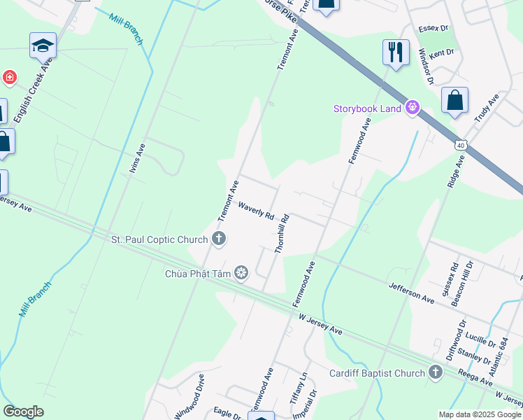 map of restaurants, bars, coffee shops, grocery stores, and more near 109 Waverly Road in Egg Harbor Township
