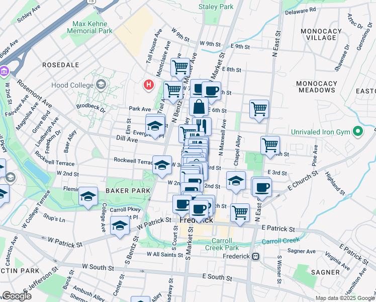 map of restaurants, bars, coffee shops, grocery stores, and more near 343 North Market Street in Frederick