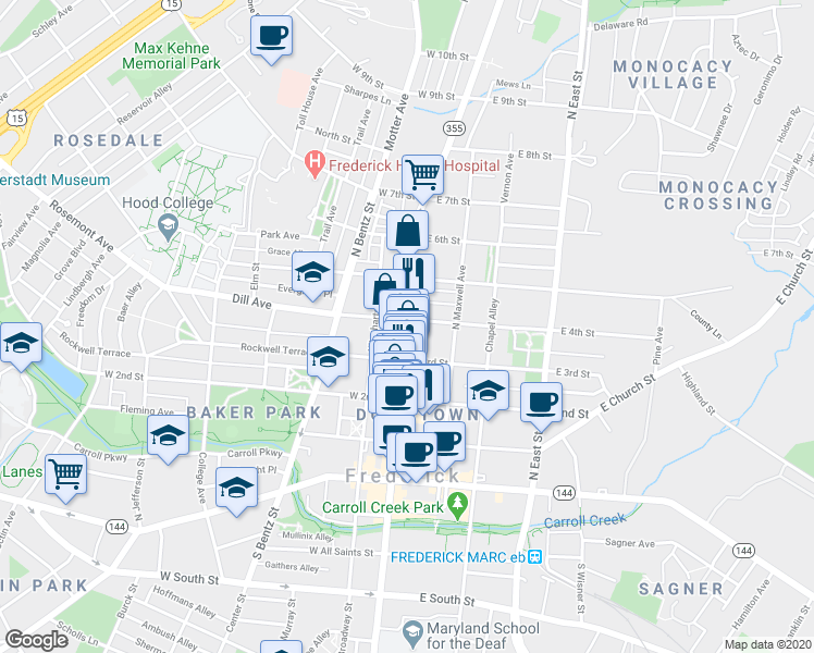 map of restaurants, bars, coffee shops, grocery stores, and more near 340 North Market Street in Frederick