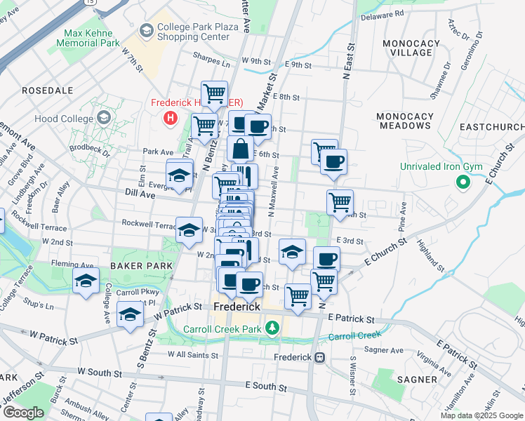 map of restaurants, bars, coffee shops, grocery stores, and more near 30 East 4th Street in Frederick