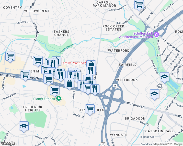 map of restaurants, bars, coffee shops, grocery stores, and more near 151 Baughmans Lane in Frederick