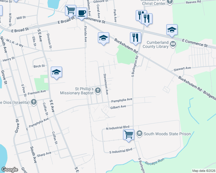 map of restaurants, bars, coffee shops, grocery stores, and more near 17 Kersey Street in Bridgeton