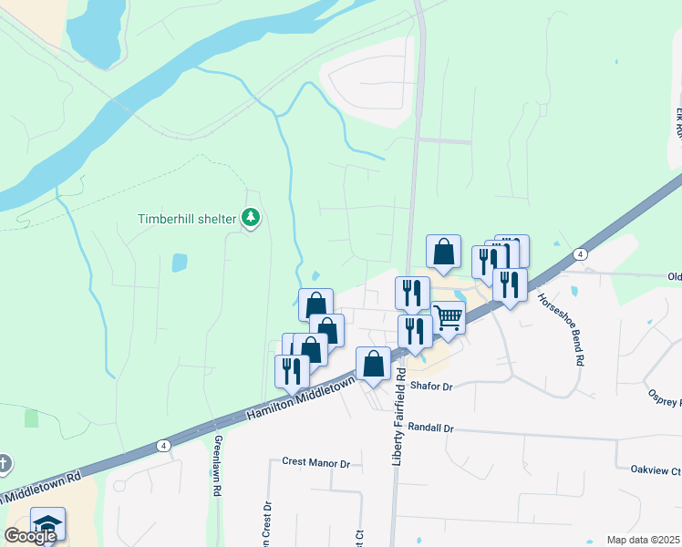 map of restaurants, bars, coffee shops, grocery stores, and more near 5467 Liberty Fairfield Road in Hamilton