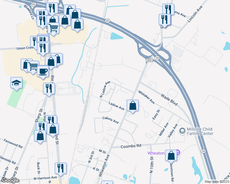 map of restaurants, bars, coffee shops, grocery stores, and more near 26 North Ladow Avenue in Millville