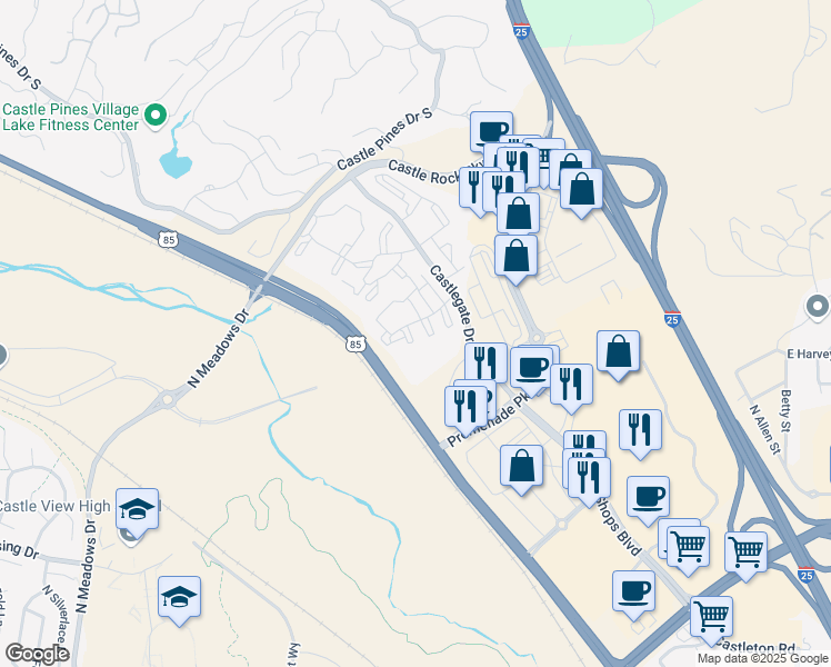 map of restaurants, bars, coffee shops, grocery stores, and more near 6009 Castlegate Drive West in Castle Rock