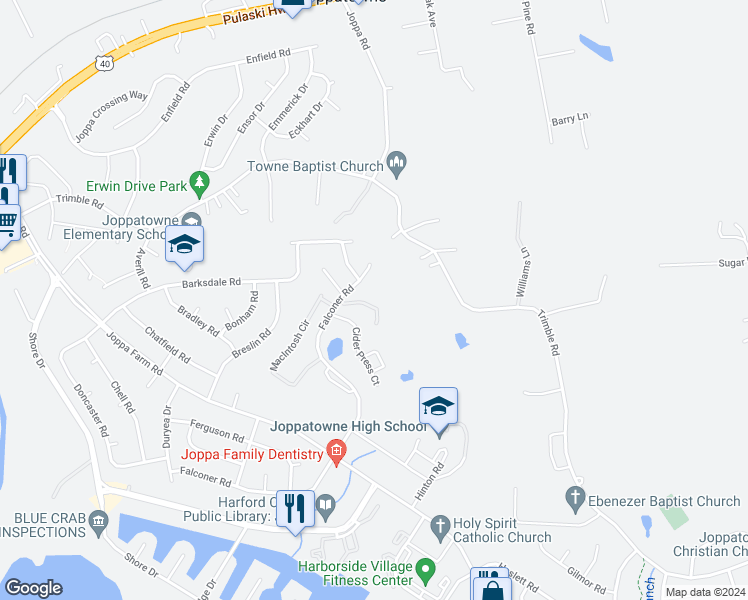 map of restaurants, bars, coffee shops, grocery stores, and more near 500 Sourghum Court in Harford County