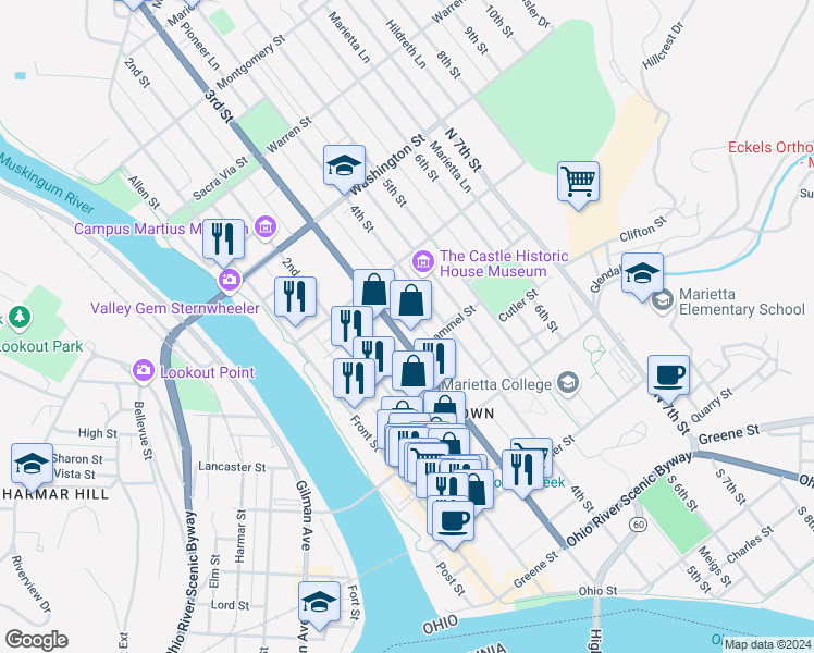 map of restaurants, bars, coffee shops, grocery stores, and more near 410 3rd Street in Marietta