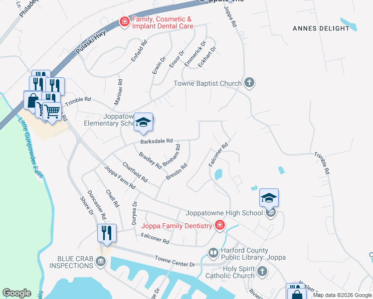 map of restaurants, bars, coffee shops, grocery stores, and more near 420 Breslin Road in Joppa