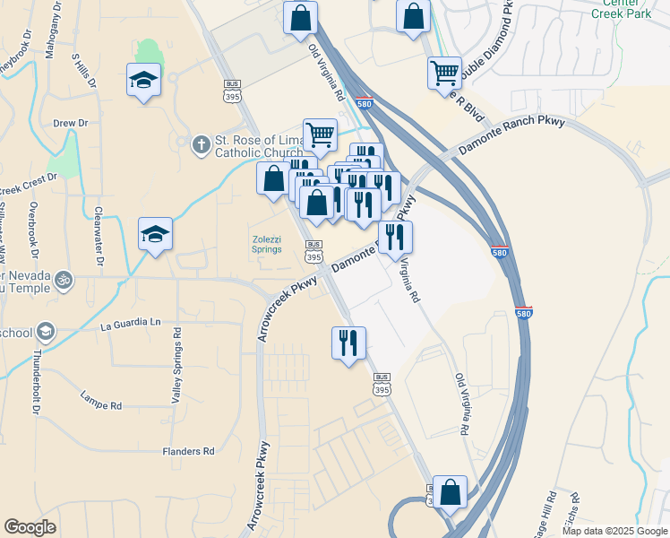 map of restaurants, bars, coffee shops, grocery stores, and more near 70 Damonte Ranch Parkway in Reno
