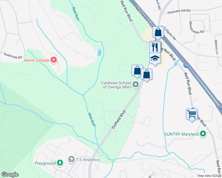 map of restaurants, bars, coffee shops, grocery stores, and more near 3 Crossing Way in Owings Mills