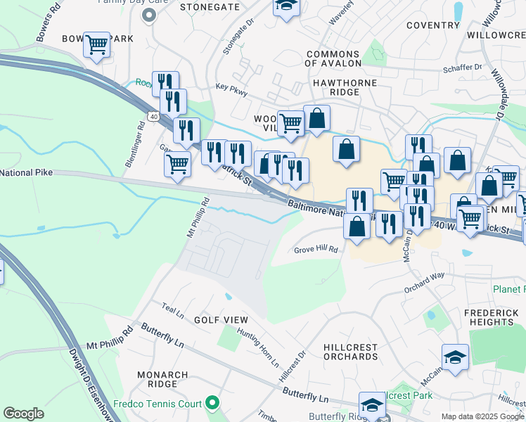 map of restaurants, bars, coffee shops, grocery stores, and more near 5901 Old National Pike in Frederick