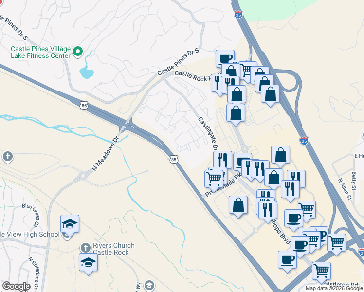 map of restaurants, bars, coffee shops, grocery stores, and more near 6021 Castlegate Drive West in Castle Rock