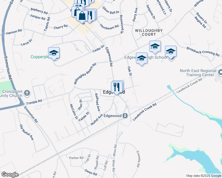 map of restaurants, bars, coffee shops, grocery stores, and more near 2120 Trimble Road in Edgewood