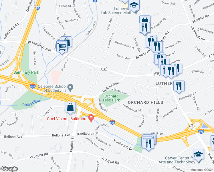 map of restaurants, bars, coffee shops, grocery stores, and more near 202 Lincoln Avenue in Lutherville-Timonium