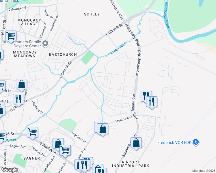 map of restaurants, bars, coffee shops, grocery stores, and more near 457 Tiller Street in Frederick
