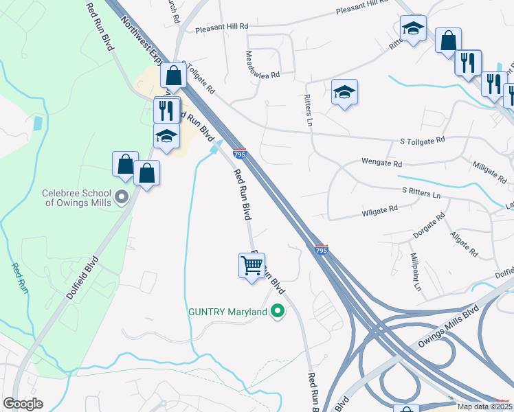 map of restaurants, bars, coffee shops, grocery stores, and more near 10802 Red Run Boulevard in Owings Mills