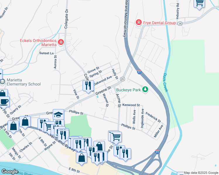 map of restaurants, bars, coffee shops, grocery stores, and more near Greene Street in Marietta