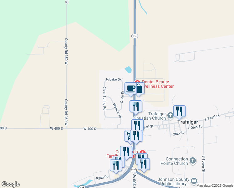 map of restaurants, bars, coffee shops, grocery stores, and more near 114 Dunn Drive in Trafalgar