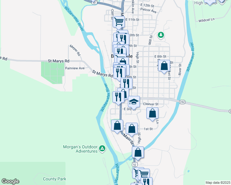 map of restaurants, bars, coffee shops, grocery stores, and more near 334 Main Street in Brookville