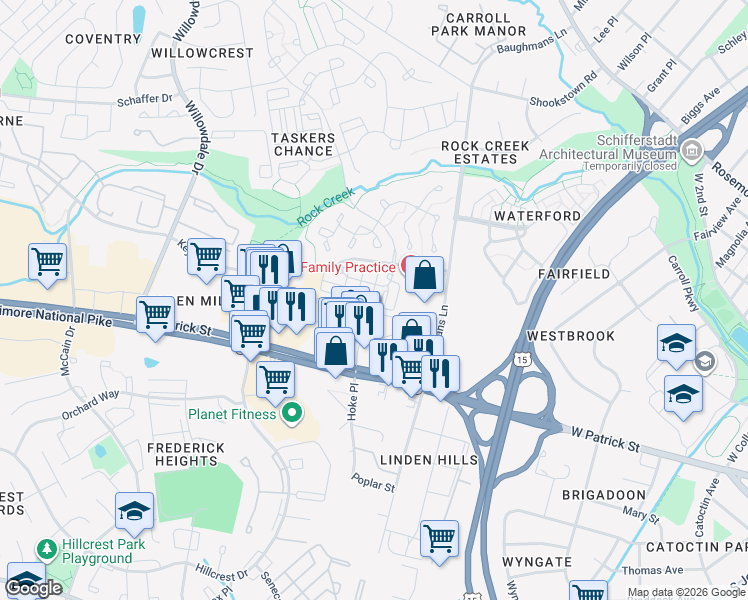 map of restaurants, bars, coffee shops, grocery stores, and more near 111 Twin Eagle Court in Frederick