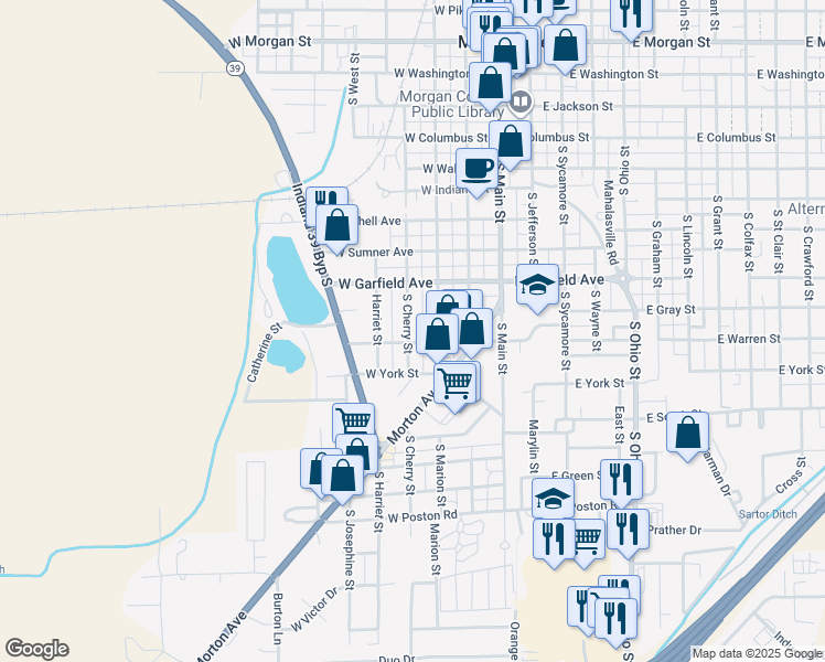 map of restaurants, bars, coffee shops, grocery stores, and more near 289 West Randolph Street in Martinsville