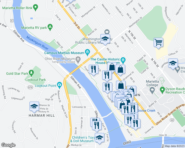 map of restaurants, bars, coffee shops, grocery stores, and more near 508 Front Street in Marietta