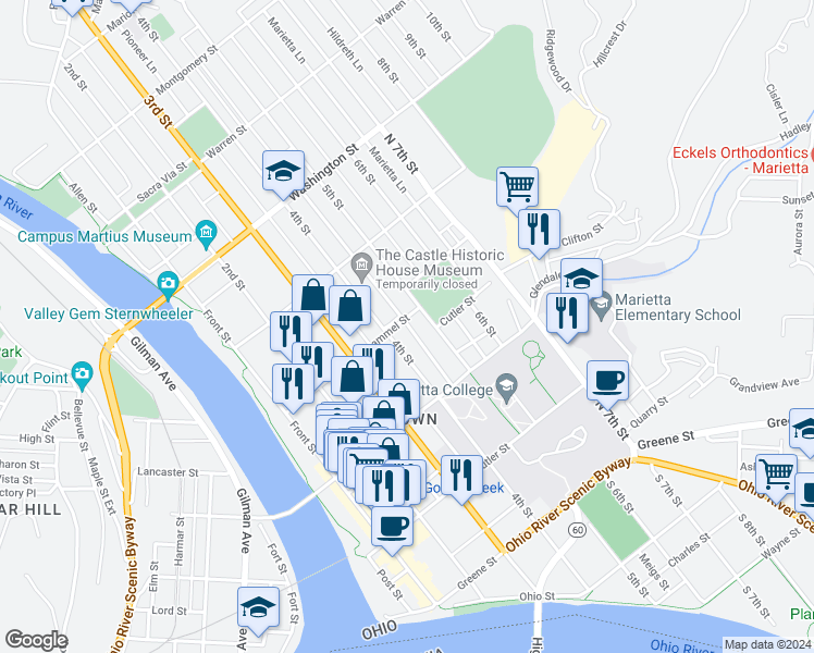 map of restaurants, bars, coffee shops, grocery stores, and more near 404 Scammel Street in Marietta