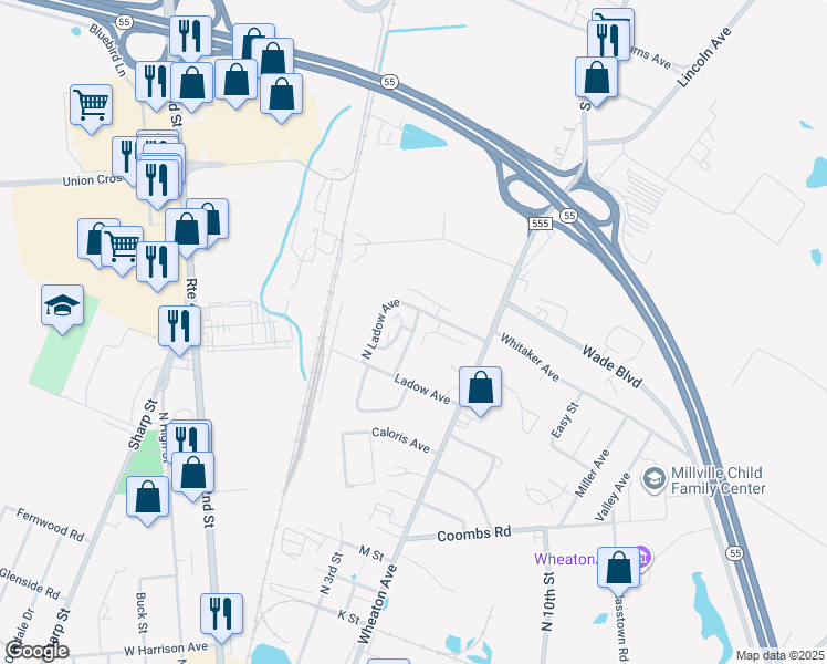 map of restaurants, bars, coffee shops, grocery stores, and more near 26 North Ladow Avenue in Millville
