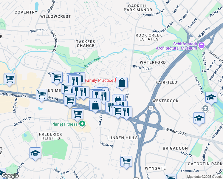 map of restaurants, bars, coffee shops, grocery stores, and more near 109 Whiskey Creek Circle in Frederick