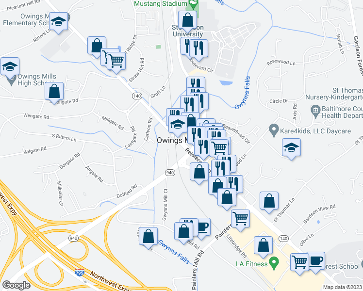 map of restaurants, bars, coffee shops, grocery stores, and more near 10416 Reisterstown Road in Owings Mills