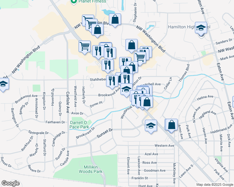 map of restaurants, bars, coffee shops, grocery stores, and more near 1285 Main Street in Hamilton