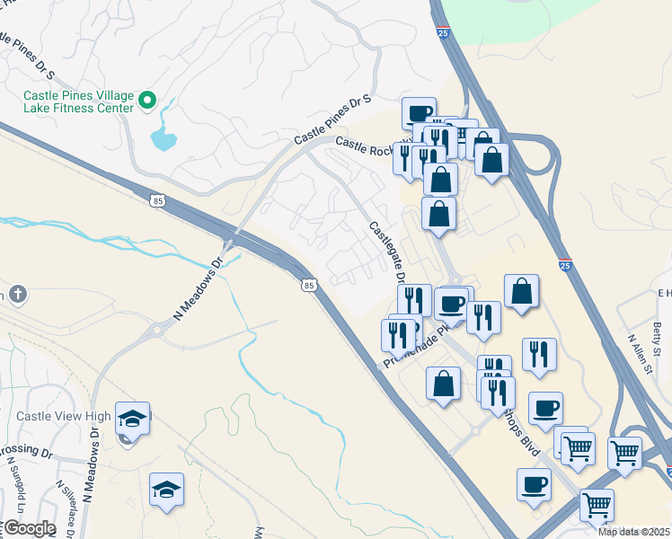 map of restaurants, bars, coffee shops, grocery stores, and more near 6021 Castlegate Drive West in Castle Rock